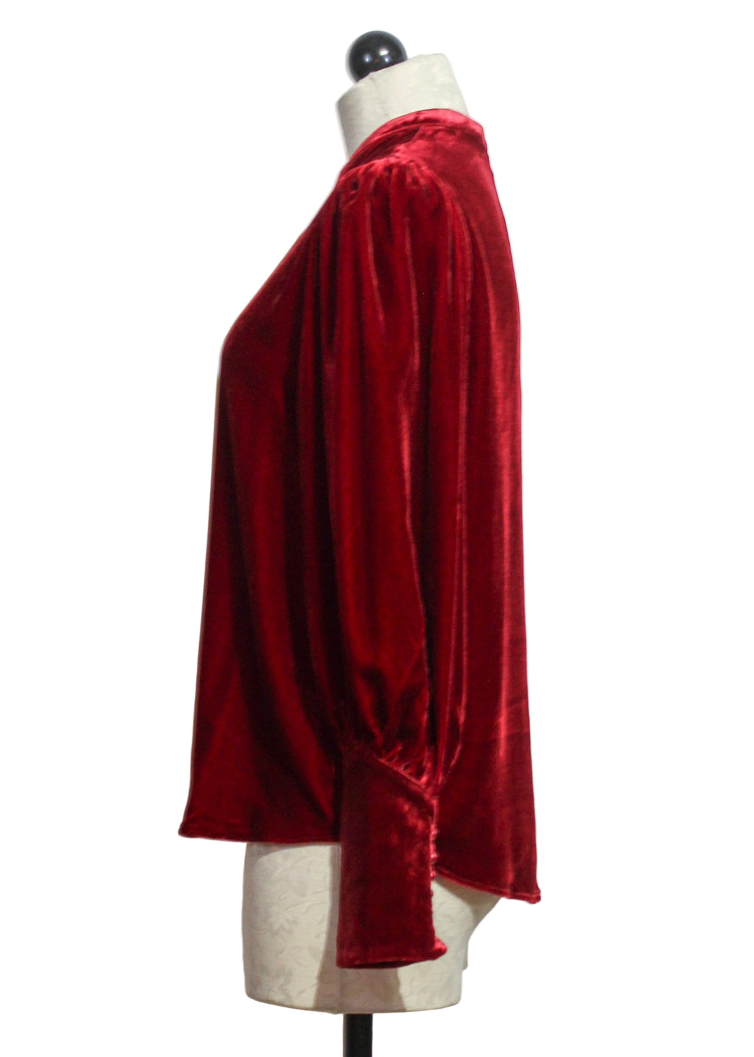 side view of Red Silk Velvet Zip Front Blouse by Jessie Liu 