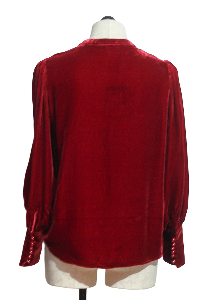 Back view of Red Silk Velvet Zip Front Blouse by Jessie Liu 