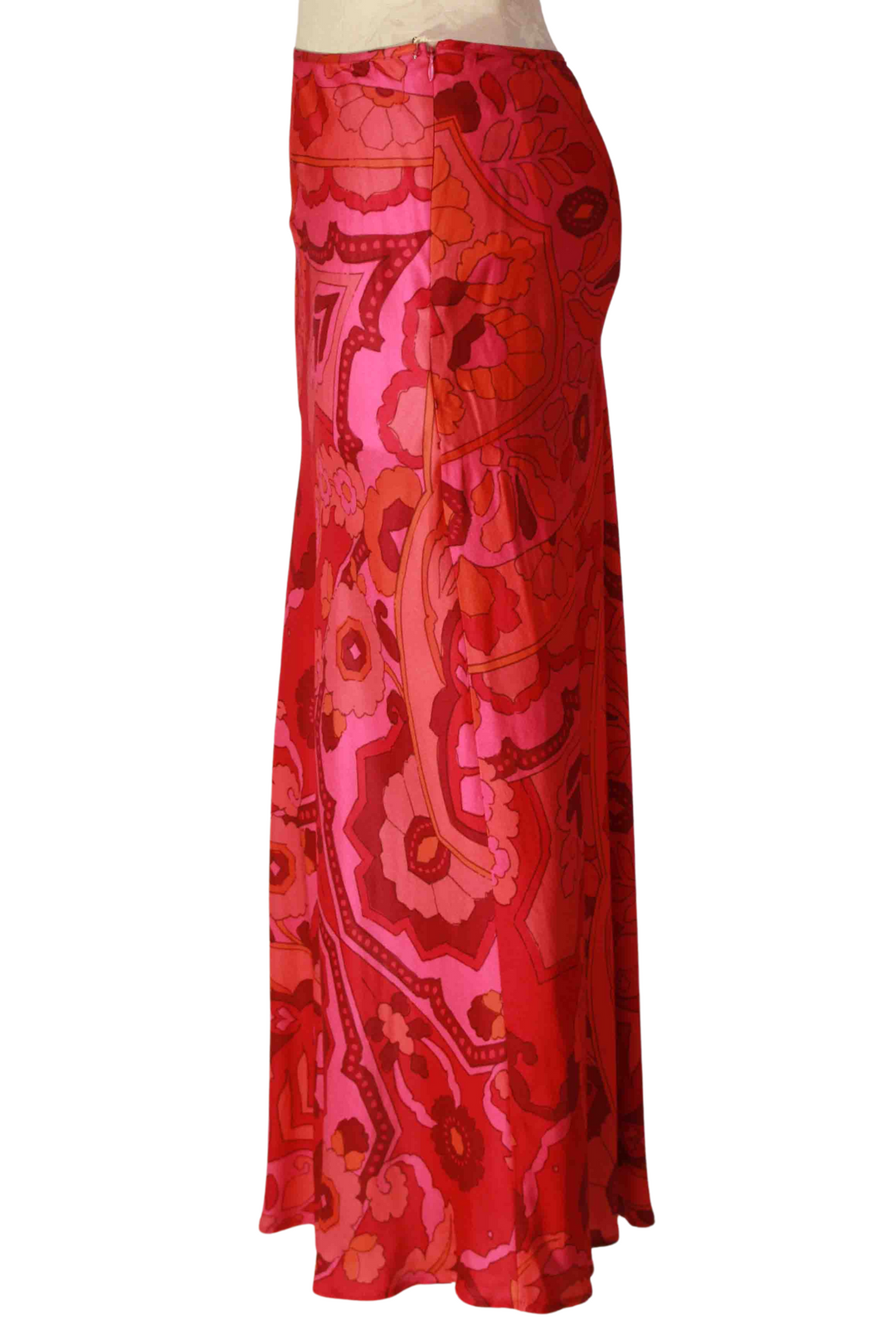 side view of Pink Atroni Print Satin Faena Skirt by Fifteen Twenty