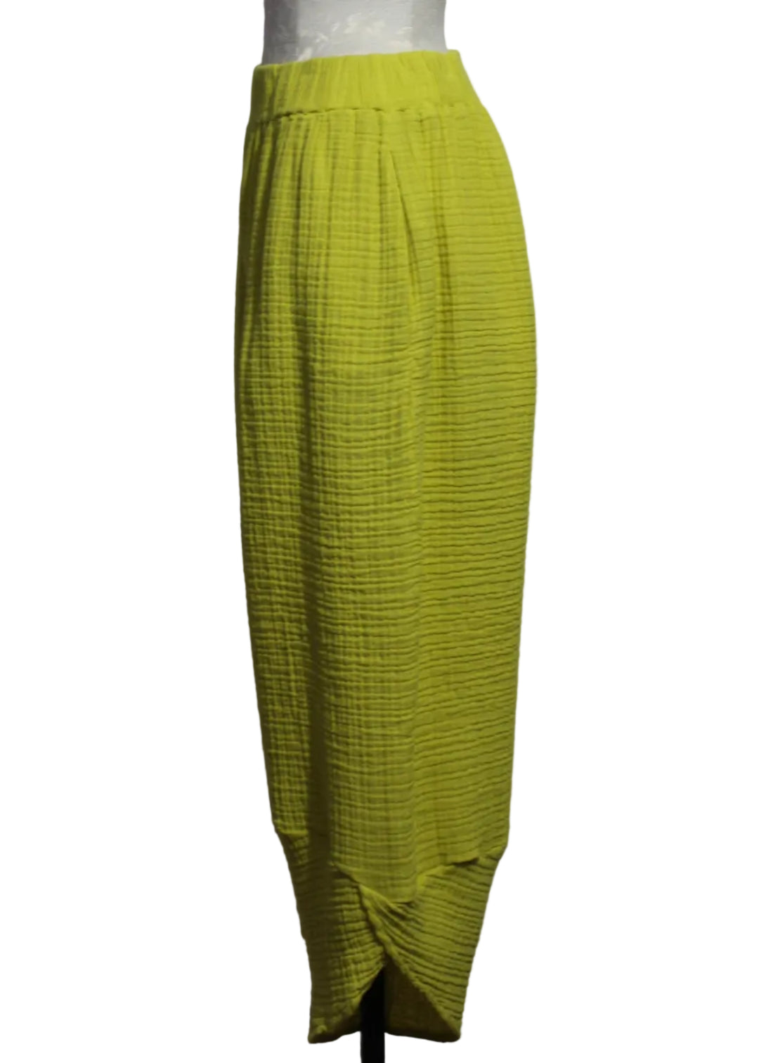 side view of Electric Yellow Textured Pull-On Wide Leg Hayes Pant by Kozan with a Tapered bottom