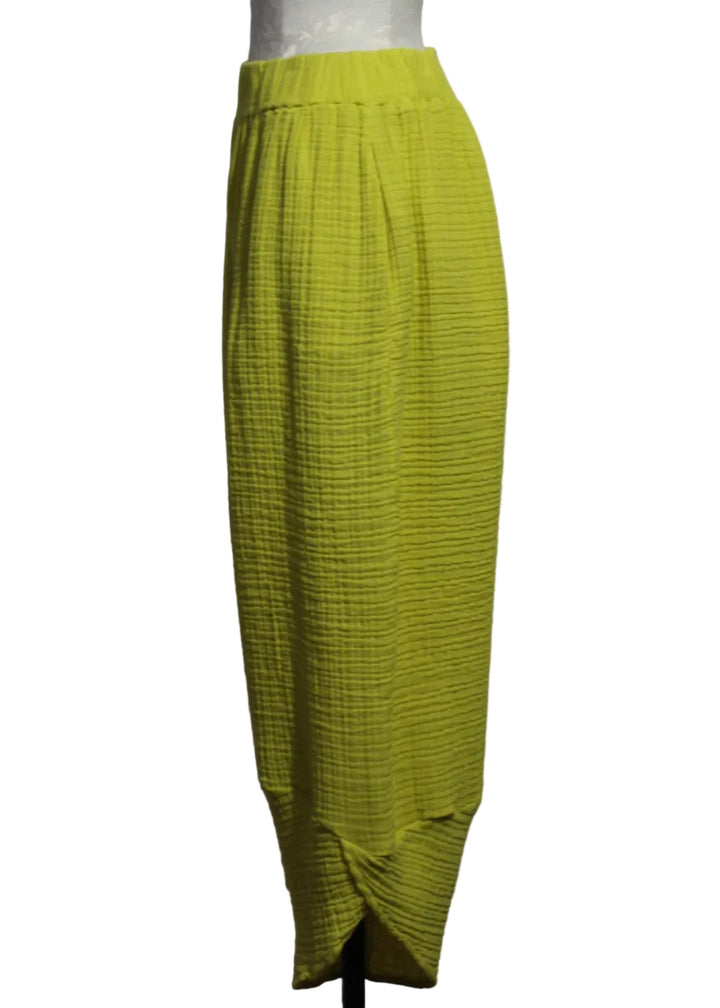 side view of Electric Yellow Textured Pull-On Wide Leg Hayes Pant by Kozan with a Tapered bottom