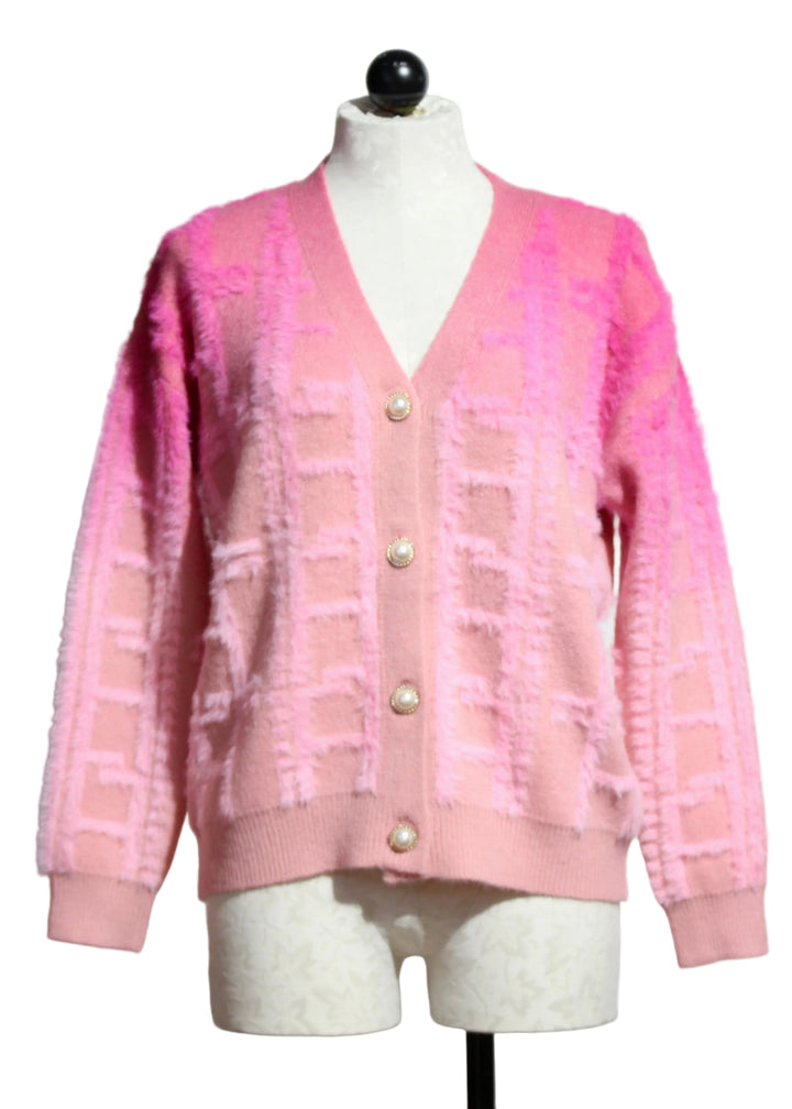 Pink Checkered Fuzzy Knit Cardigan by Nikky