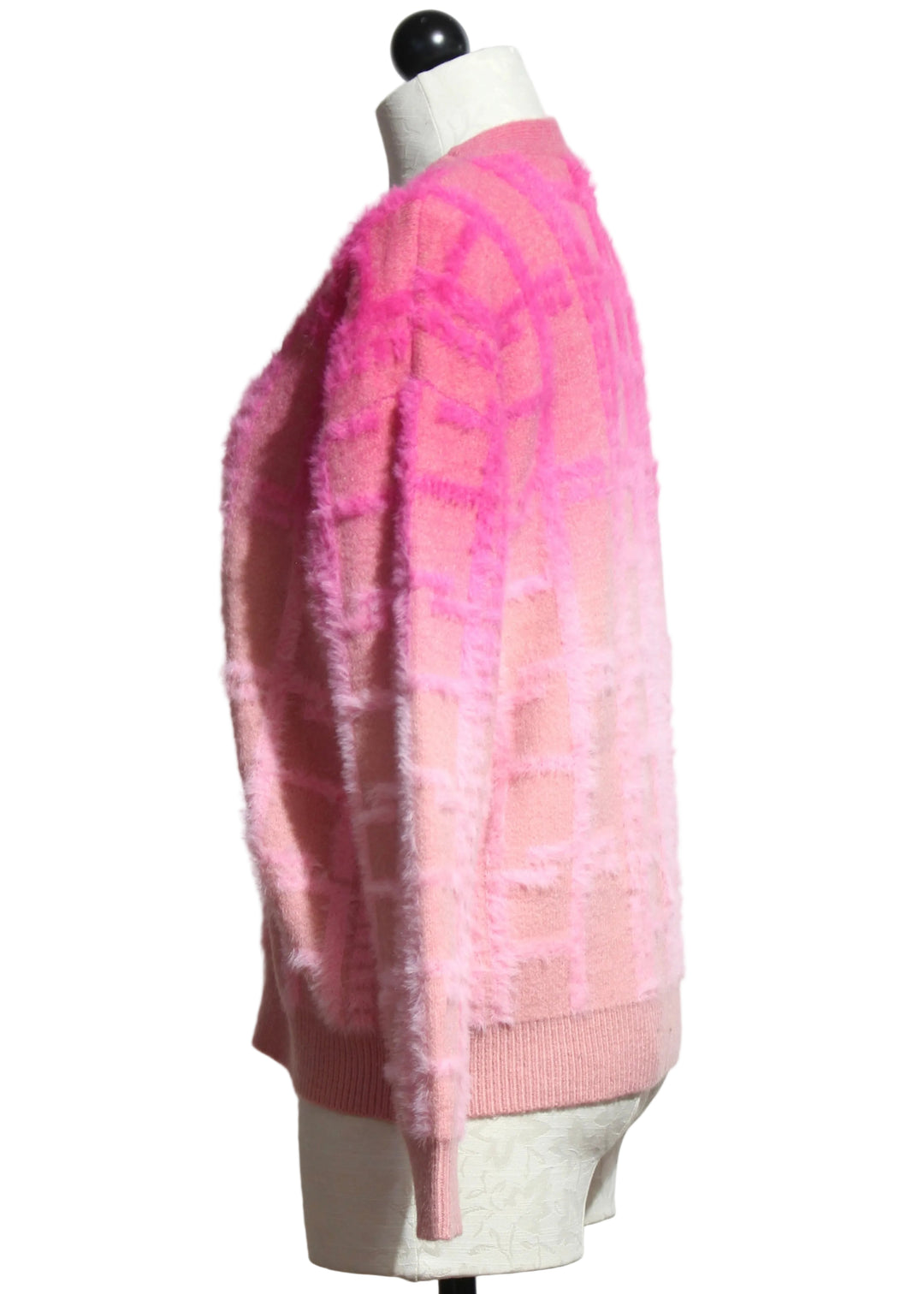 Side view of Pink Checkered Fuzzy Knit Cardigan by Nikky