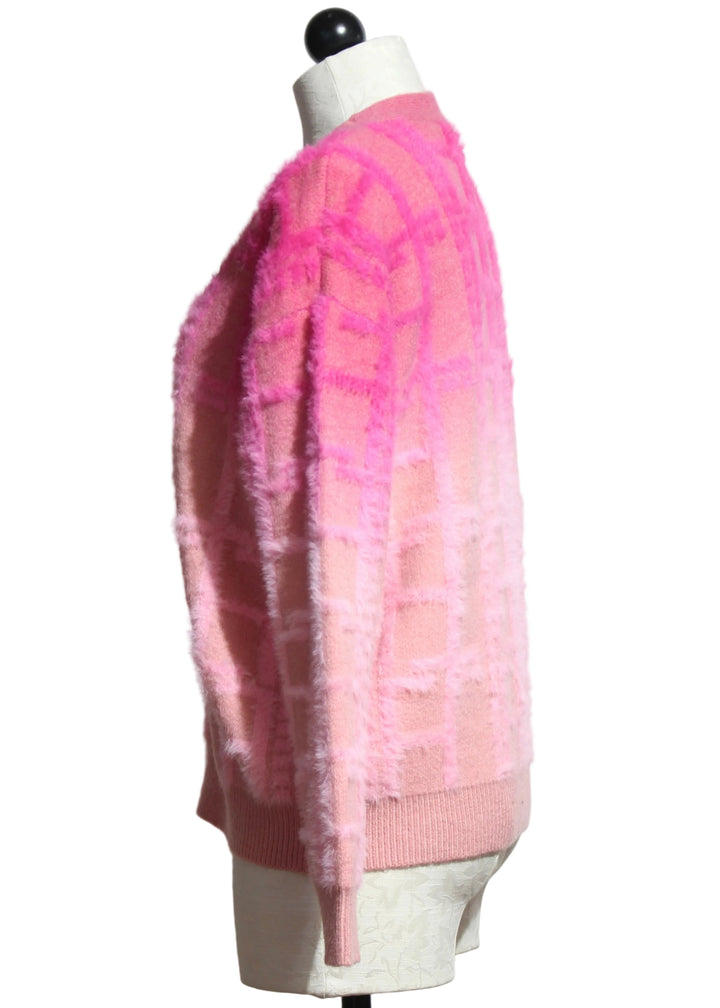 Side view of Pink Checkered Fuzzy Knit Cardigan by Nikky