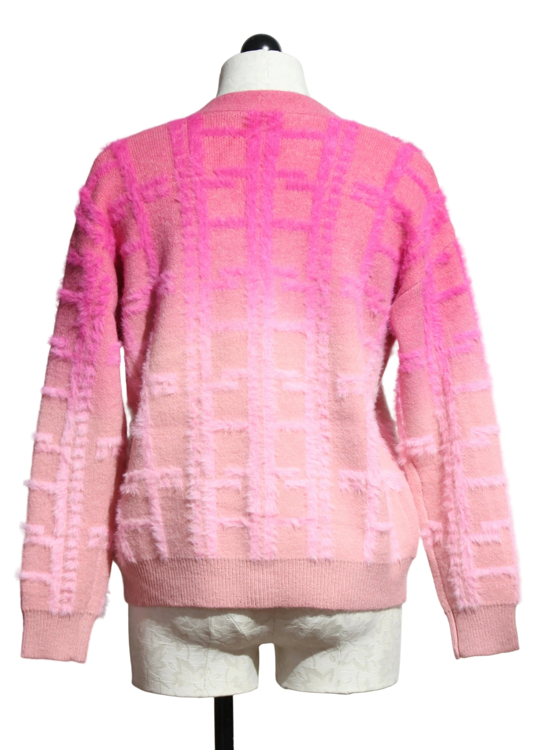 Back view of Pink Checkered Fuzzy Knit Cardigan by Nikky