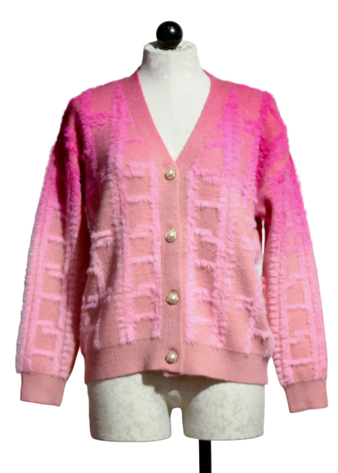 Pink Checkered Fuzzy Knit Cardigan by Nikky