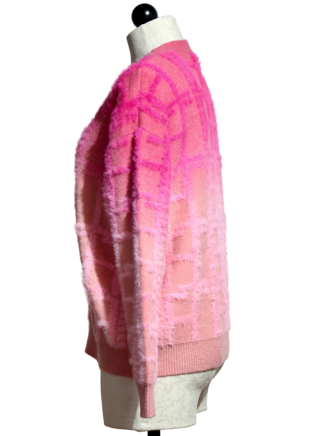 side view of Pink Checkered Fuzzy Knit Cardigan by Nikky