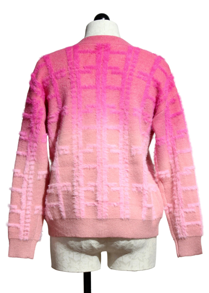 back view of Pink Checkered Fuzzy Knit Cardigan by Nikky