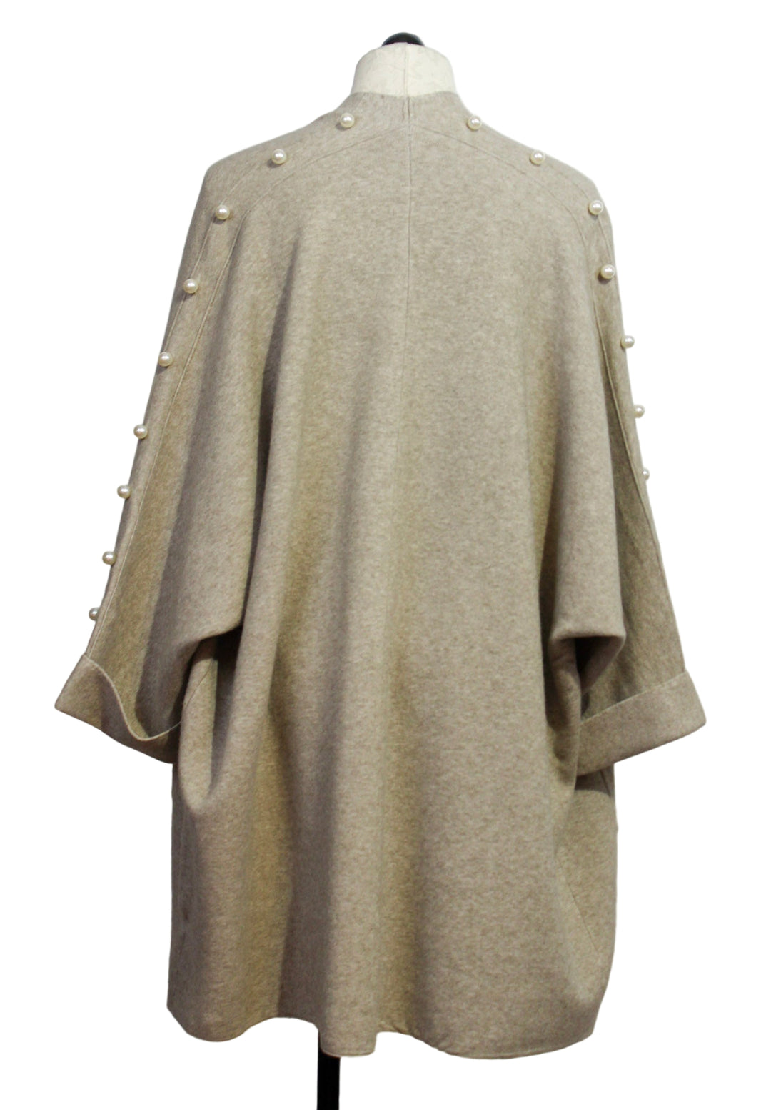 back view of Beige Long Open Front Cardigan with pearls down the sleeves by Nikky  