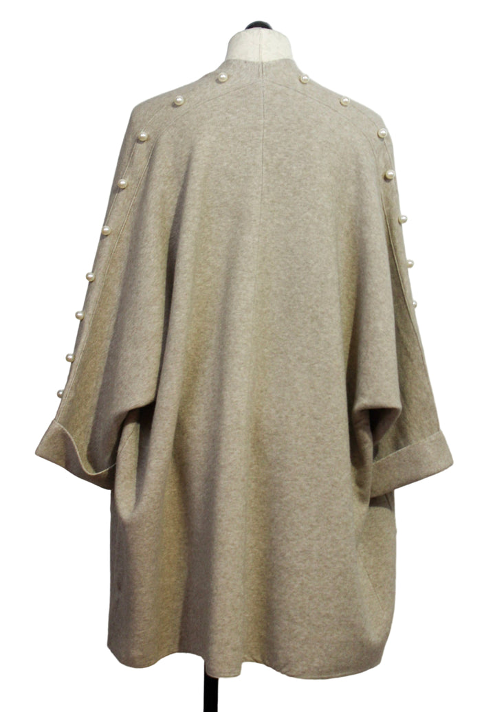 back view of Beige Long Open Front Cardigan with pearls down the sleeves by Nikky  