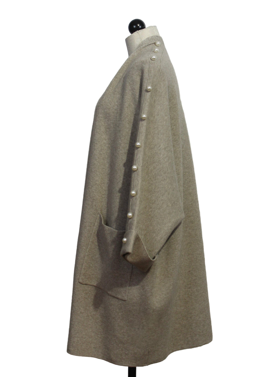 side view of Beige Long Open Front Cardigan with pearls down the sleeves by Nikky