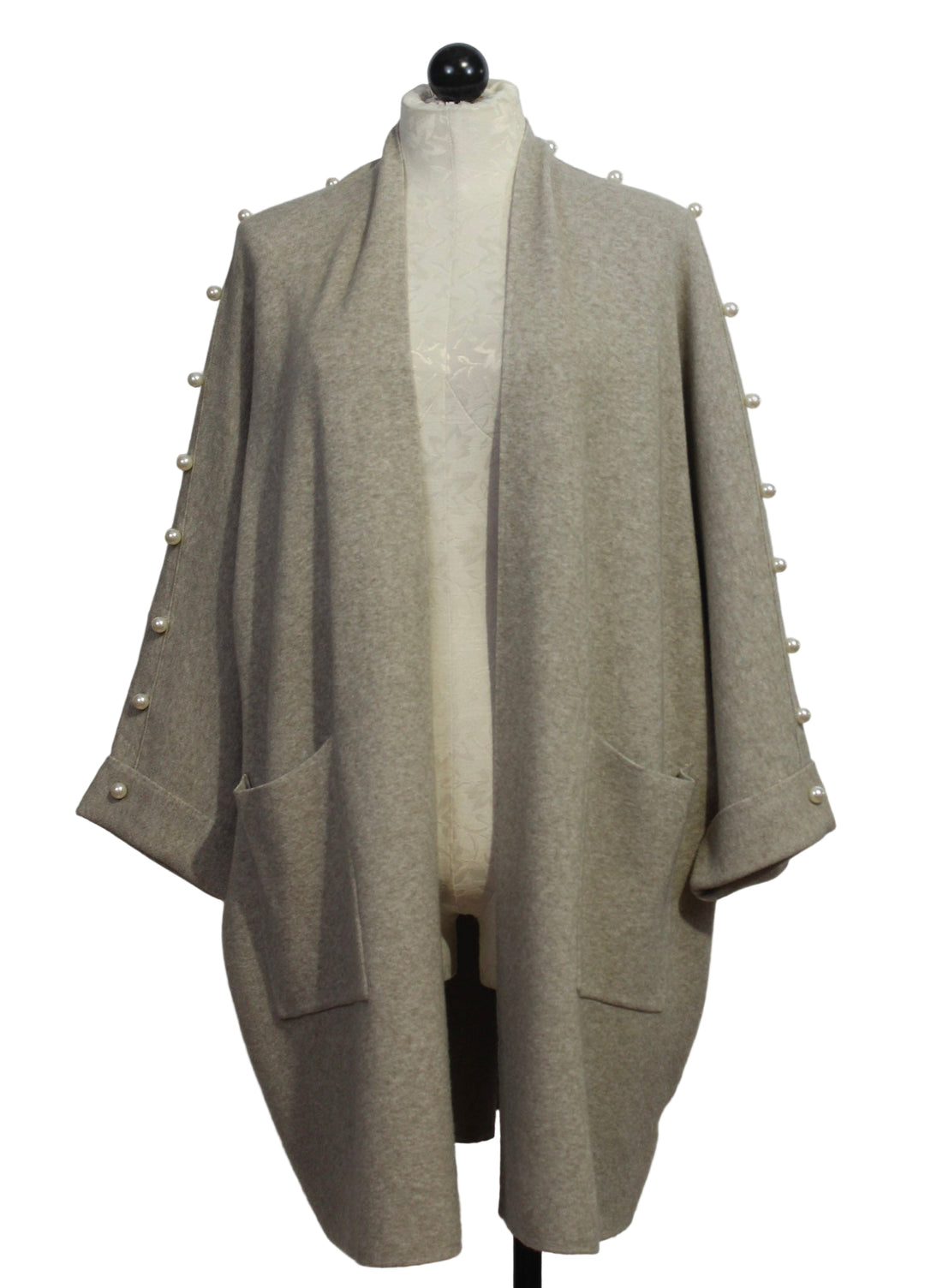 Beige Long Open Front Cardigan with pearls down the sleeves by Nikky