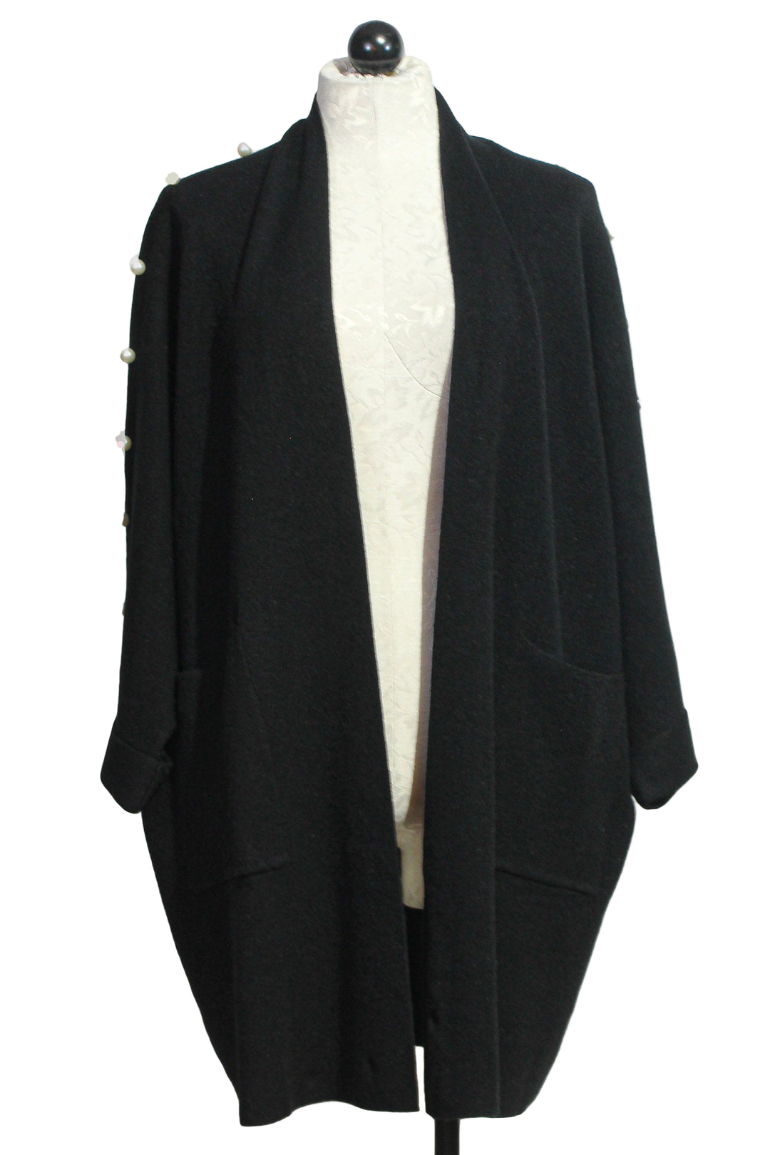 front view of black Long Open Front Cardigan with pearls by Nikky 