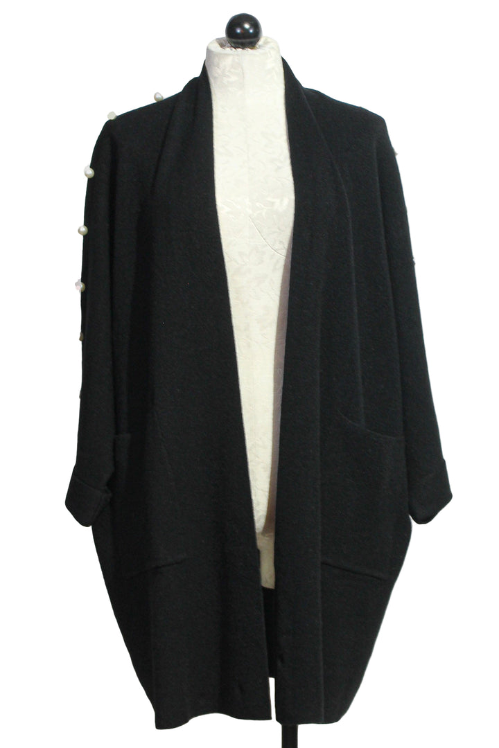 front view of black Long Open Front Cardigan with pearls by Nikky 