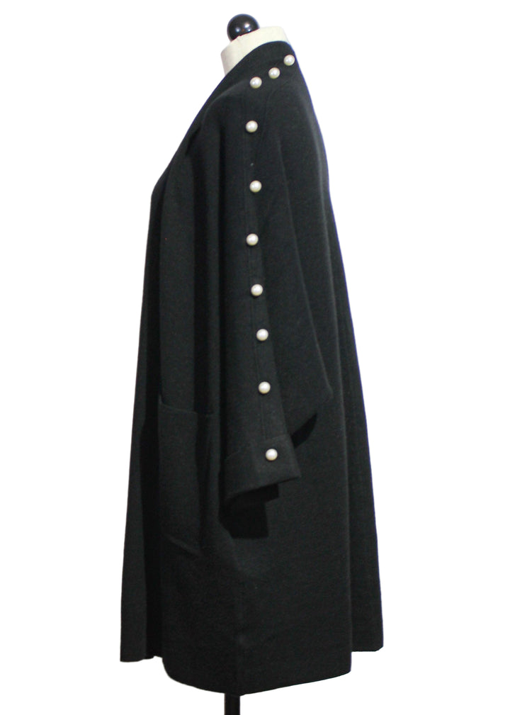 side view of black Long Open Front Cardigan with pearls by Nikky 