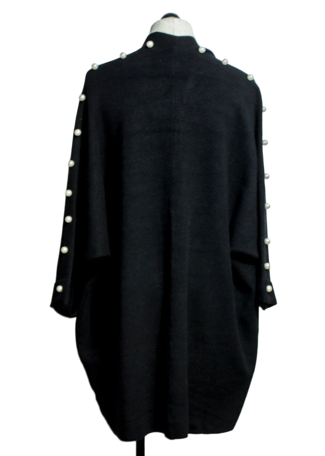 back view of Back Long Open Front Cardigan with pearls down the sleeves by Nikky  