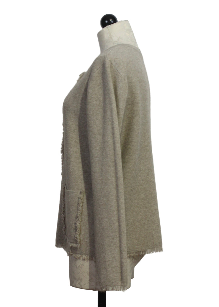 side view of beige Knit Sweater Blazer with Fringed Edges by Nikky 