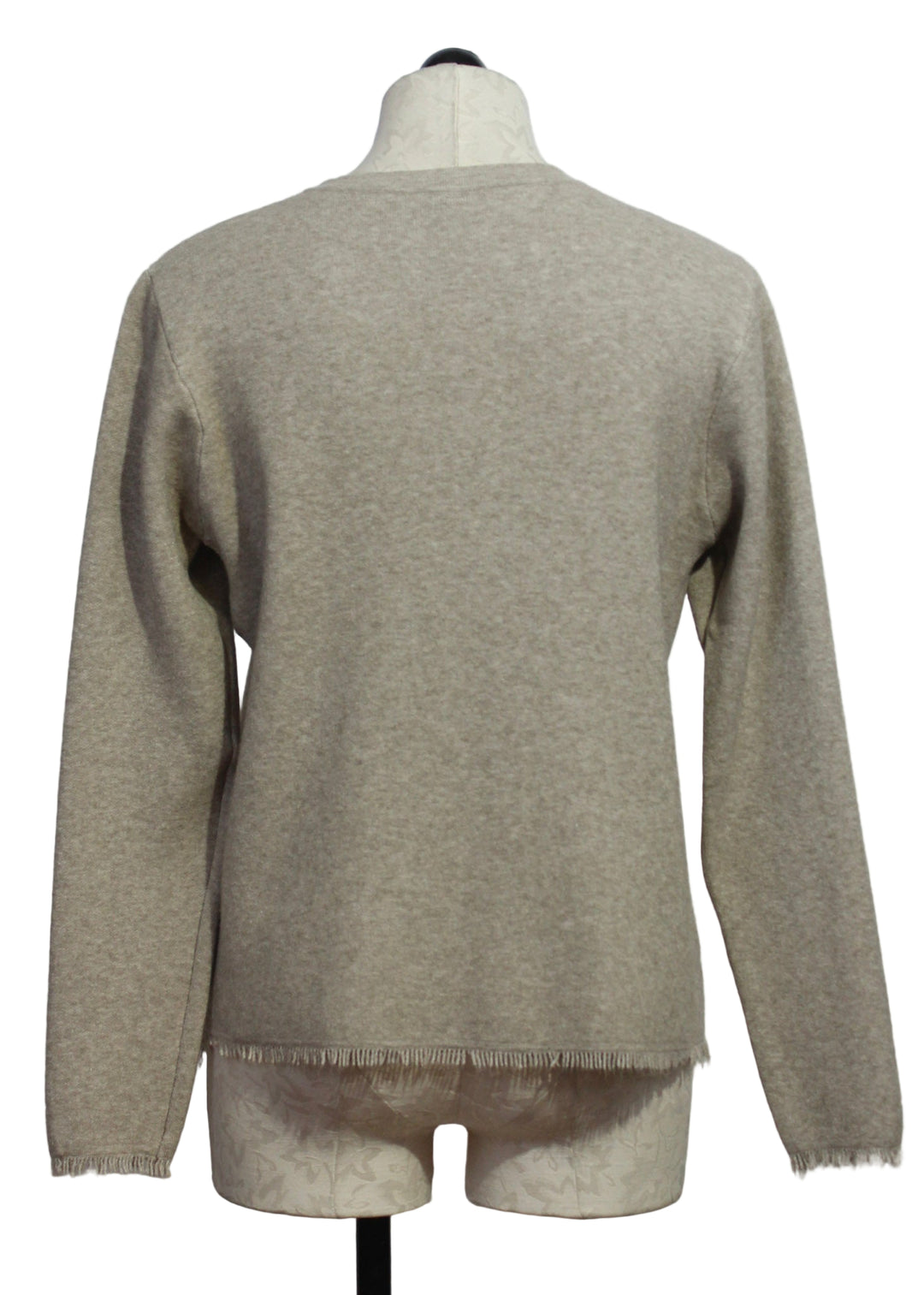 back view of  Beige Knit Sweater Blazer with Fringed Edges by Nikky 