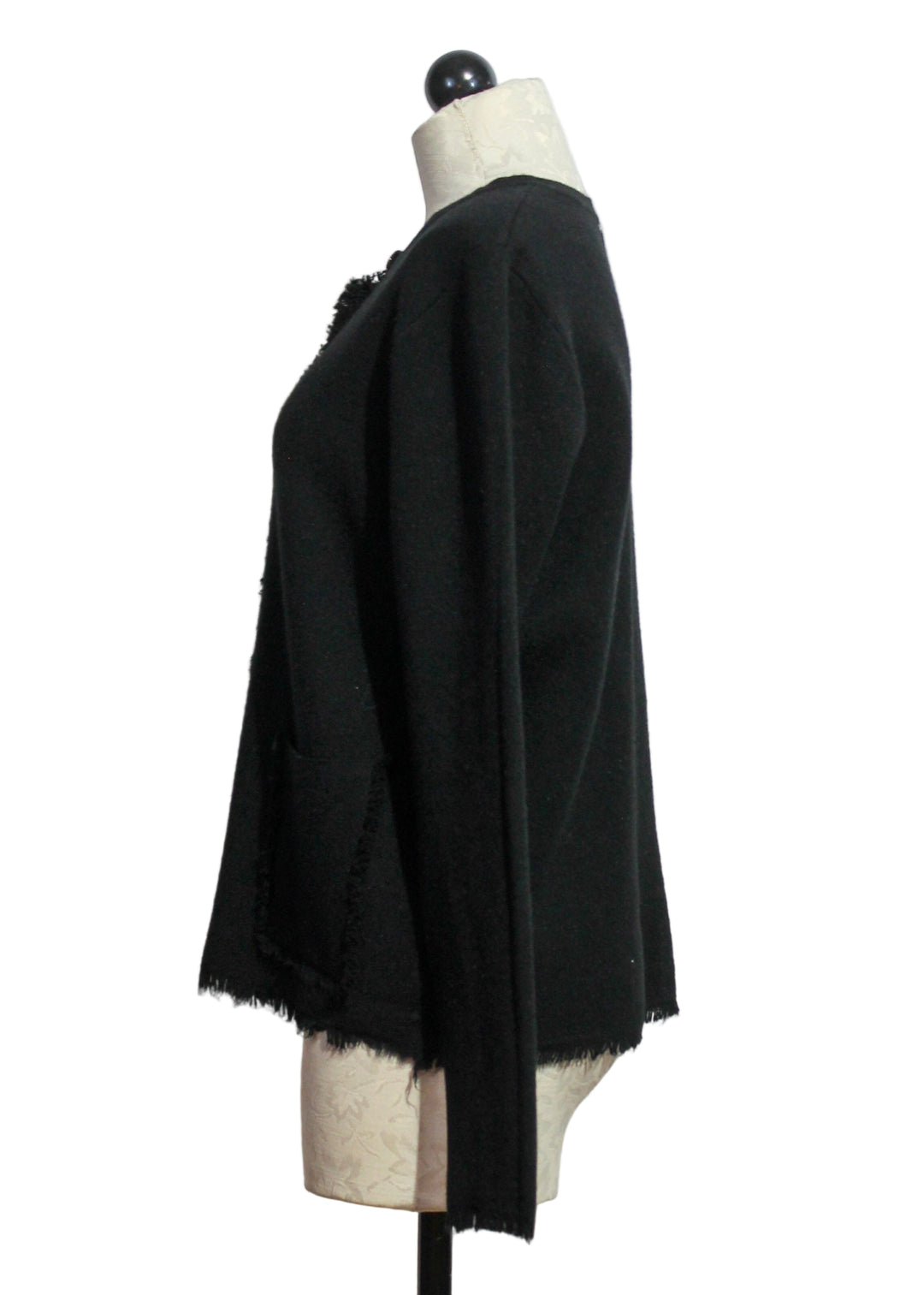 side view of black Knit Sweater Blazer with Fringed Edges by Nikky