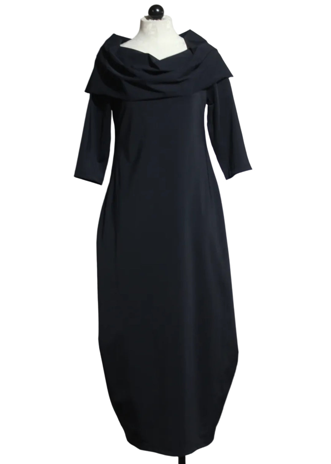 Coal Black Jura Dress by Kozan with a rollover neck, flared sides and 3/4 length sleeves