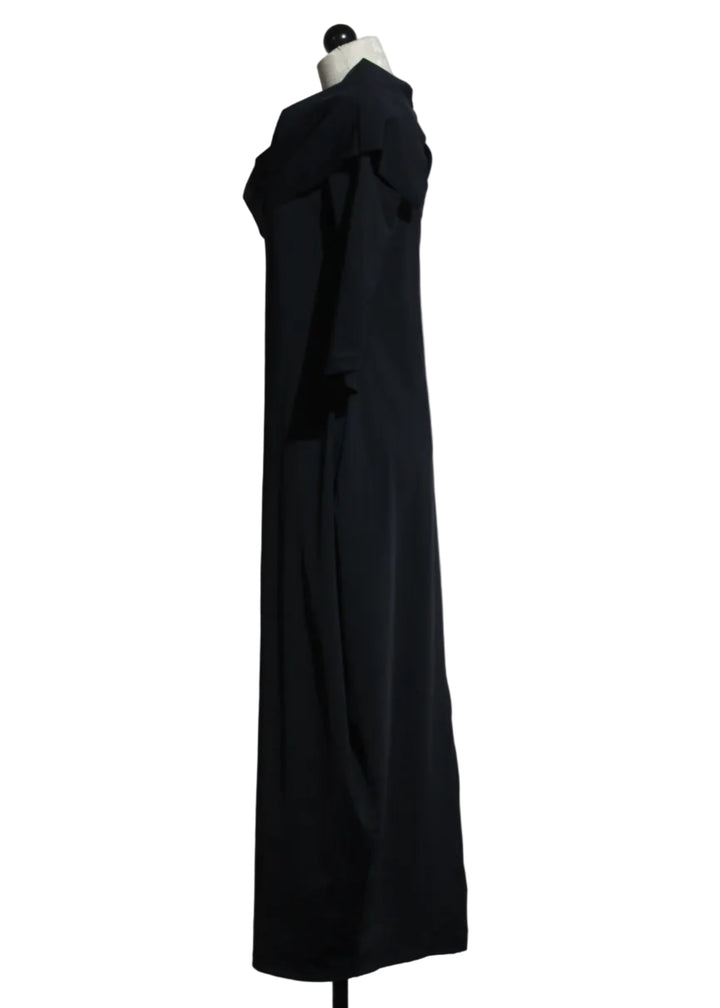 side view of Coal Black Jura Dress by Kozan with a rollover neck, flared sides and 3/4 length sleeves