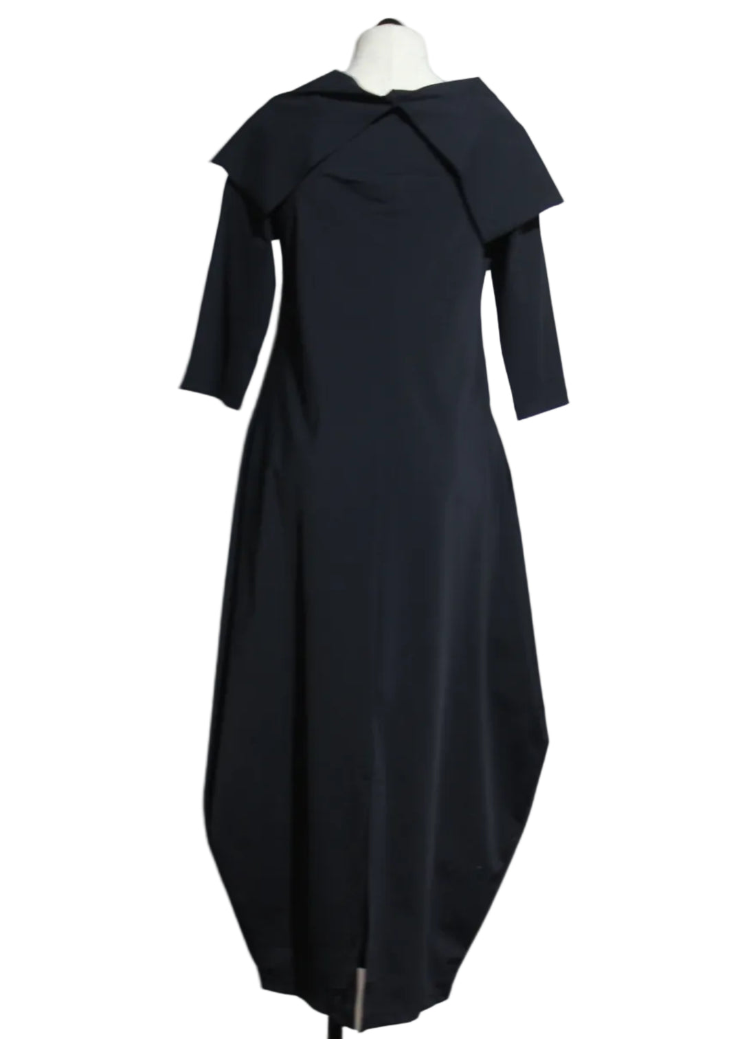 back view of Coal Black Jura Dress by Kozan with a rollover neck, flared sides and 3/4 length sleeves