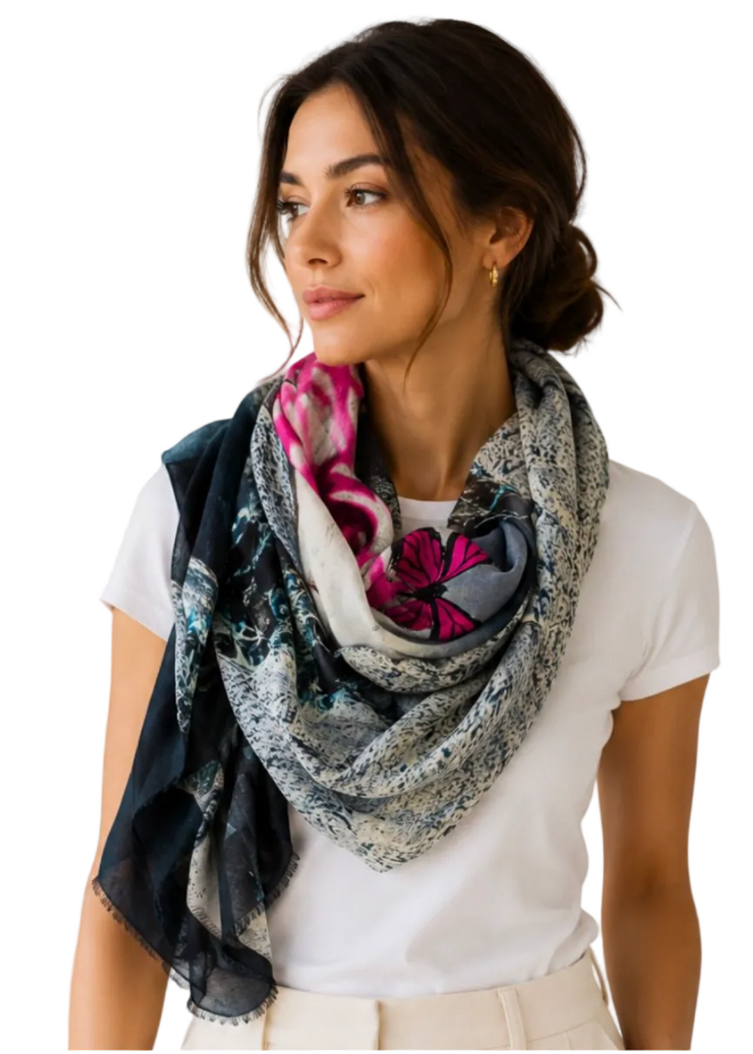 model wearing The Grand Carré Scarf by Isabelle Gougenheim