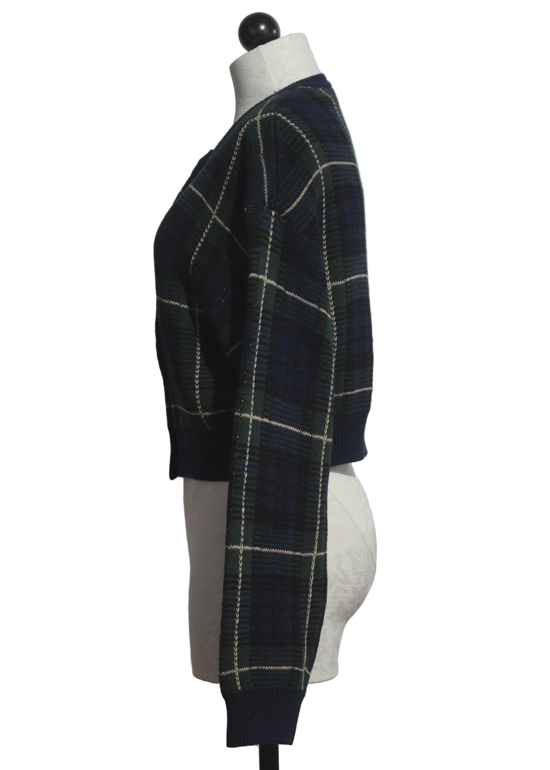 side view of The Forest Plaid Jacquard Cardigan by Good American 
