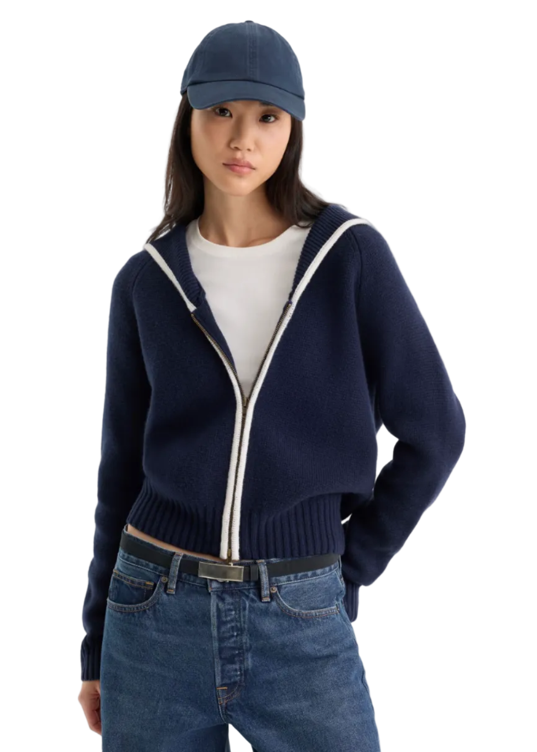 model wearing The Knit Sailor Zip Up by Good American in New Navy