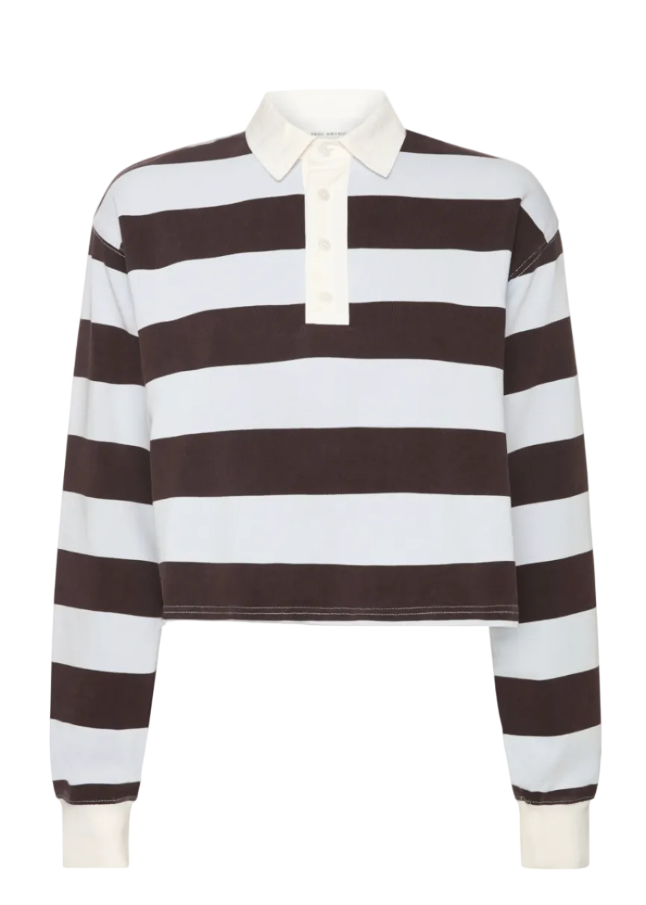 The Cropped Rugby Polo by Good American in the Expresso Skyblock Stripe