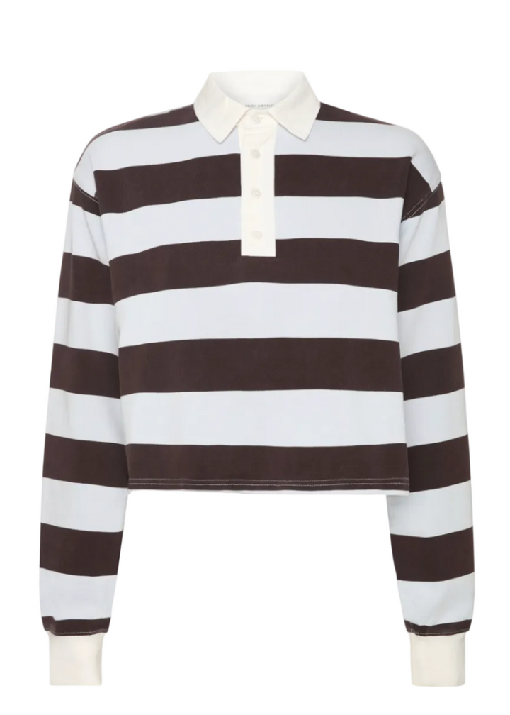 The Cropped Rugby Polo by Good American in the Expresso Skyblock Stripe