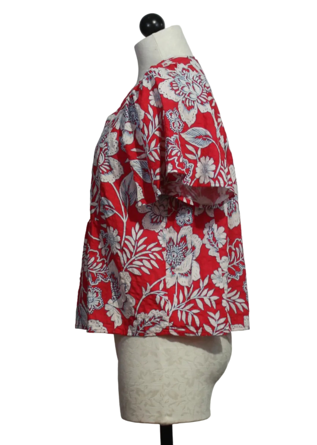 side view of Raspberry Floral Garden Print Quency Floral Butterfly Sleeve Top by Velvet Heart