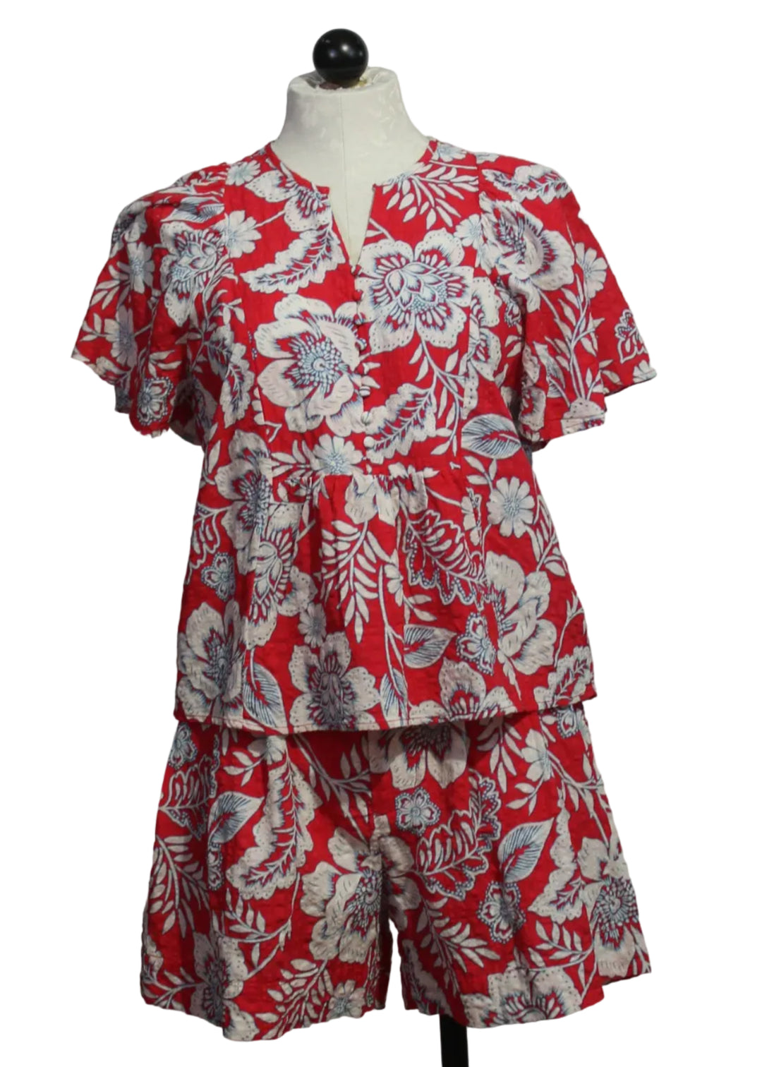 Raspberry Floral Garden Print Quency Floral Butterfly Sleeve Top by Velvet Heart paired with the matching Raspberry Floral Garden Donald Pull On Floral Printed Shorts by Velvet Heart