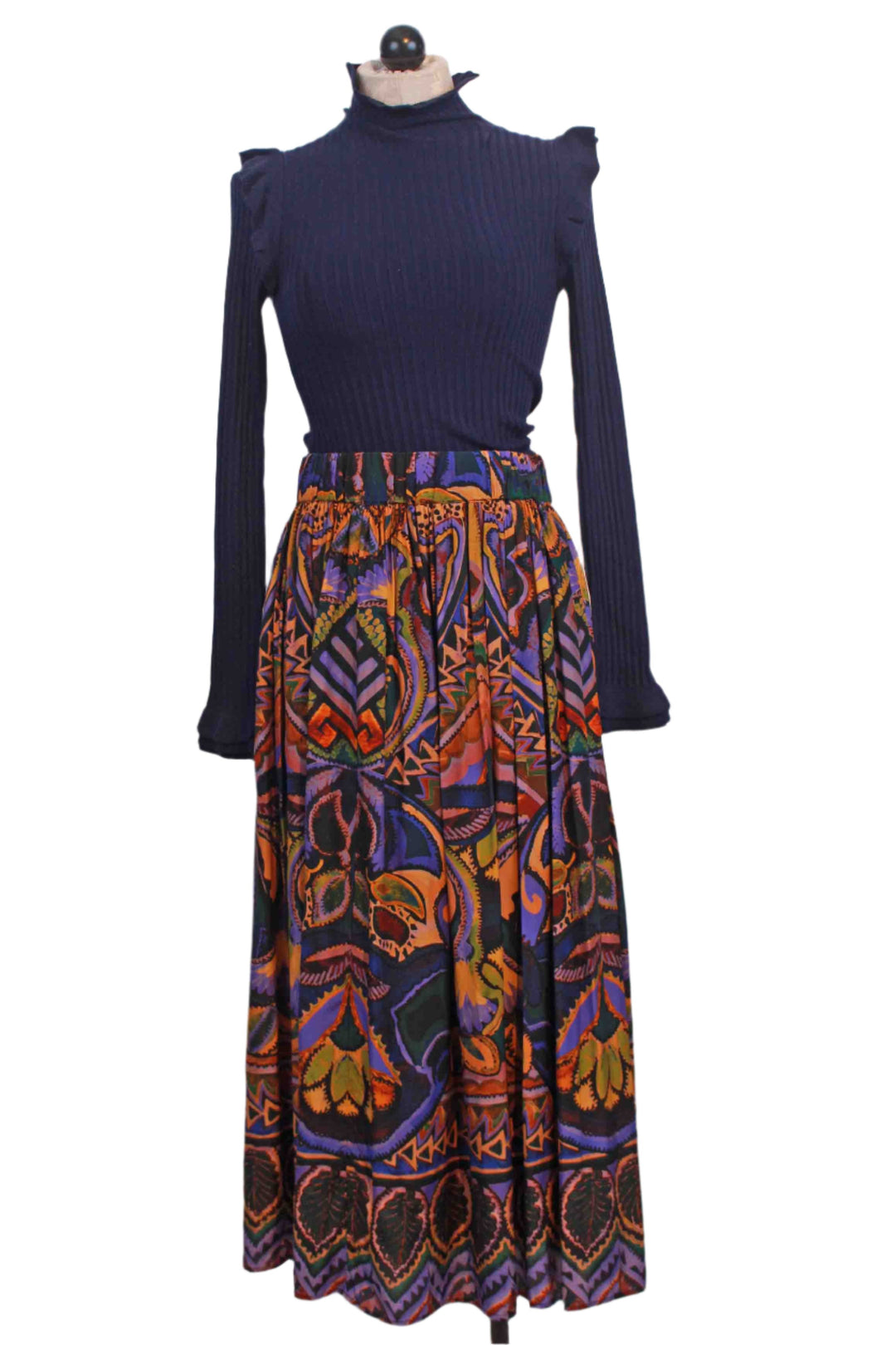 Totem Print Gracie Skirt by Marie Oliver paired with the Dusk colored Marie Oliver Tinsley turtleneck