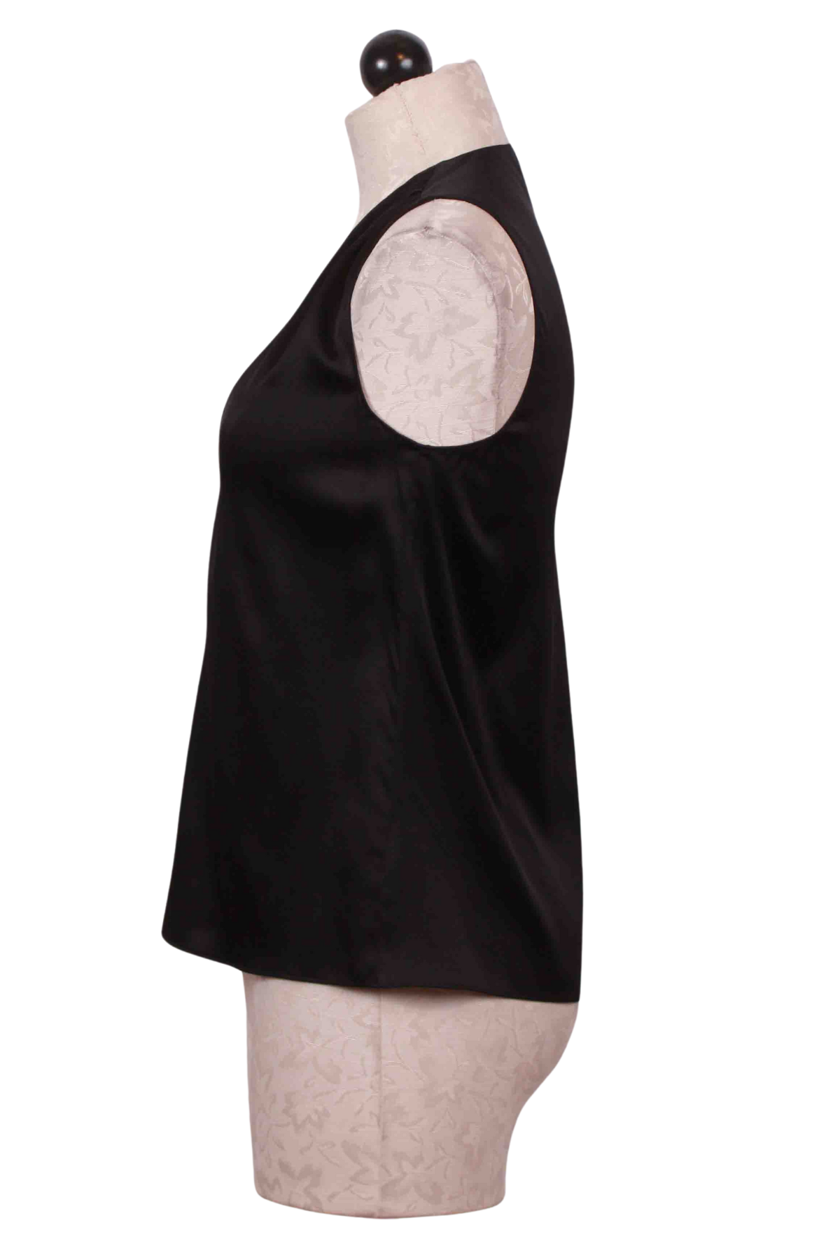 side view of Black V Neck Silk and Spandex Combo Dahlia Tank by Generation Love