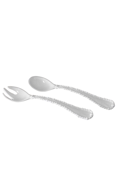White Luxury Melamine Vida Alegria Large Salad Servers by Beatriz Ball with Pearl rimmed detail