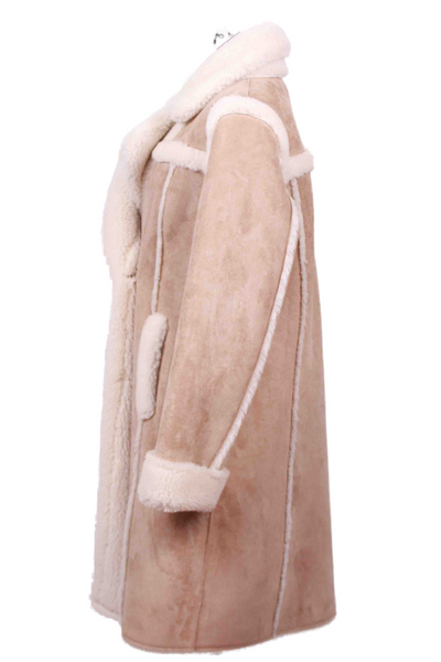 side view of Taupe/White Scottie Faux Suede Lamb Fur Shearling Coat by Generation Love