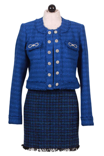Blue/Black Stormi Plaid Tweed Mini Skirt by Generation Love paired with the matching Generation Love tweed jacket