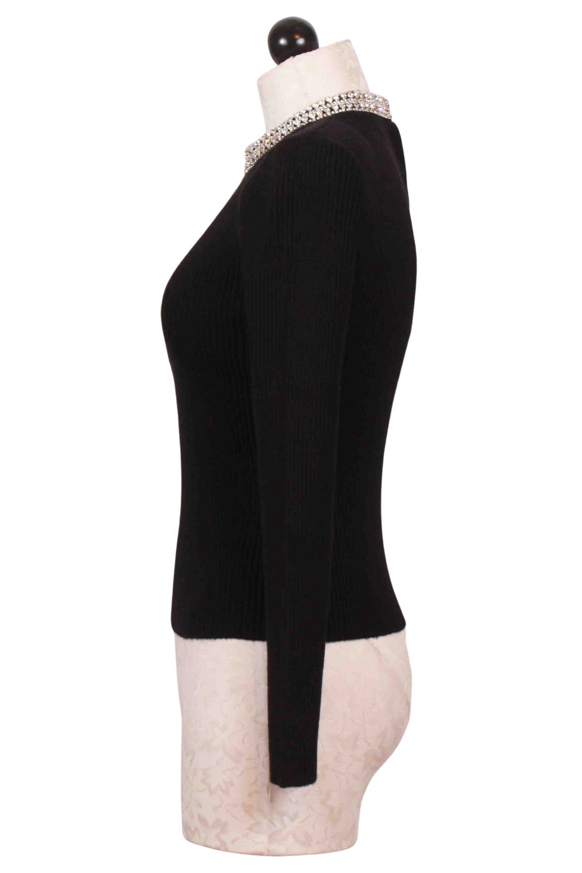 side view of Black Helene Crystal Neck Rib Long Sleeve Top by Generation Love