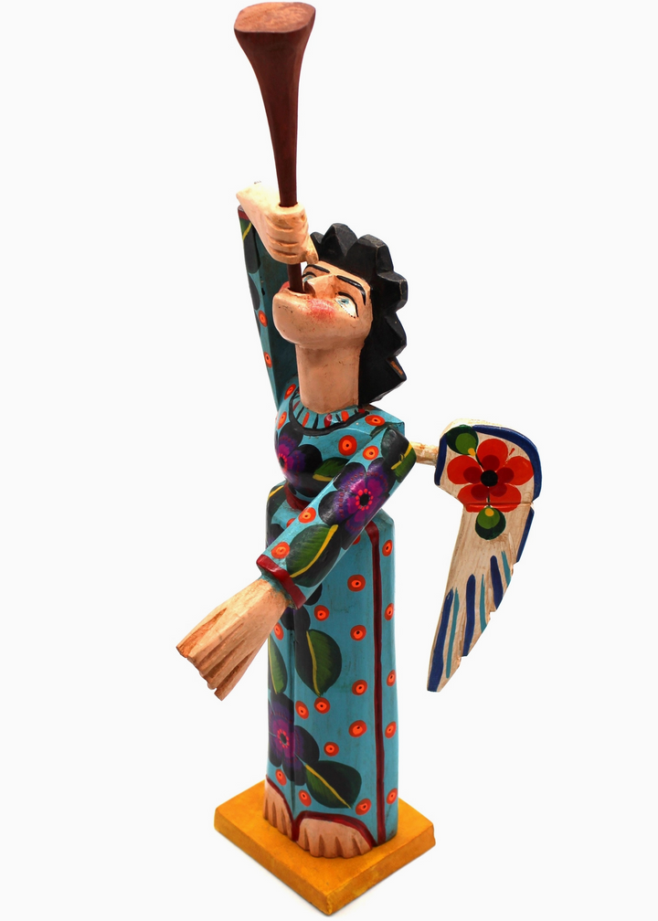 side view of Handmade Wooden Angel with Trumpet Figurine by Magnolia Casual