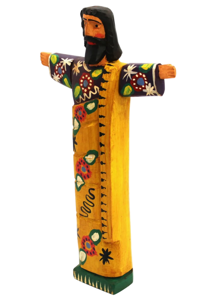 side view of Handpainted and Handmade Wooden Open Arms Jesus Figurine by Magnolia Casual
