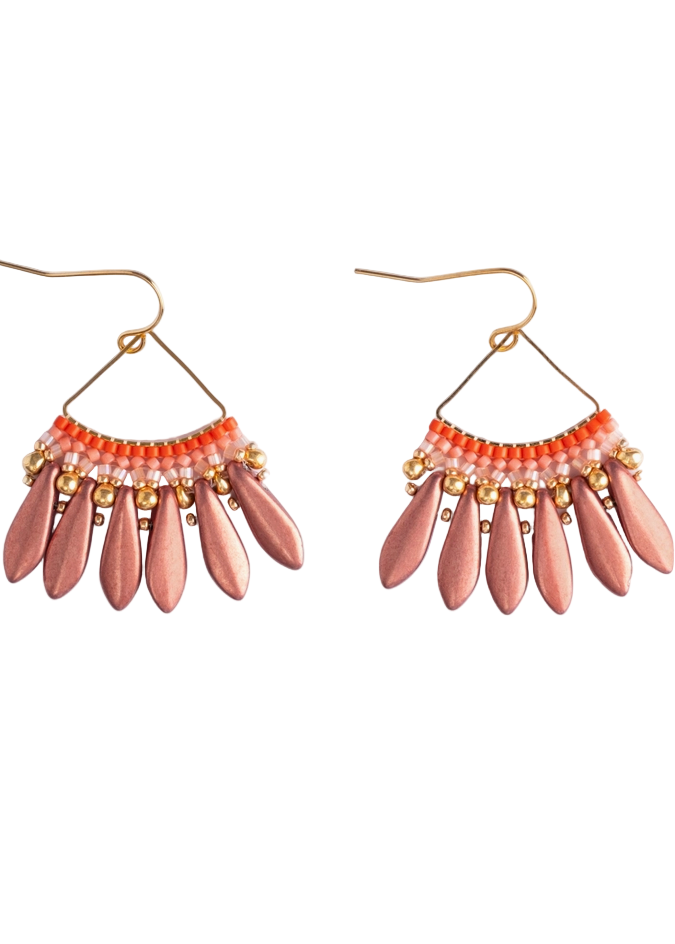 Red Beaded Handwoven Heirloom Fan Drop Earrings by Mayana Designs Co