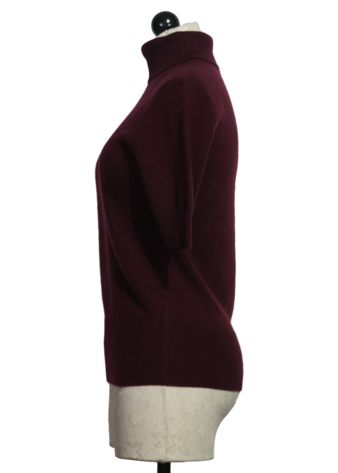 side view of Wine Cashmere Short Sleeve Turtleneck Belle Sweater by Cartolina