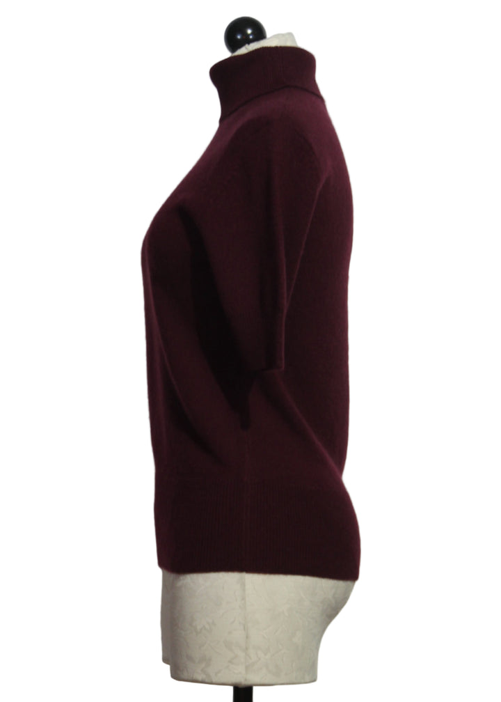 side view of Wine Cashmere Short Sleeve Turtleneck Belle Sweater by Cartolina