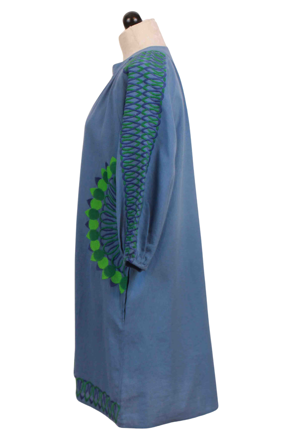 side view of Blue/Green Hailey Embroidered Dress by Valerie Khalfon