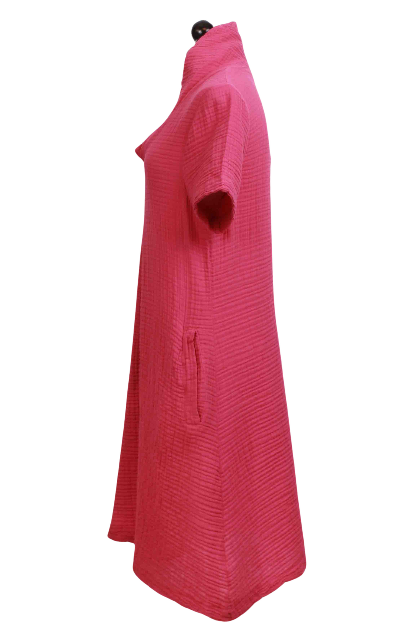 side view of Raspberry Short sleeve gauzy crinkle cotton Harley Dress by Kozan