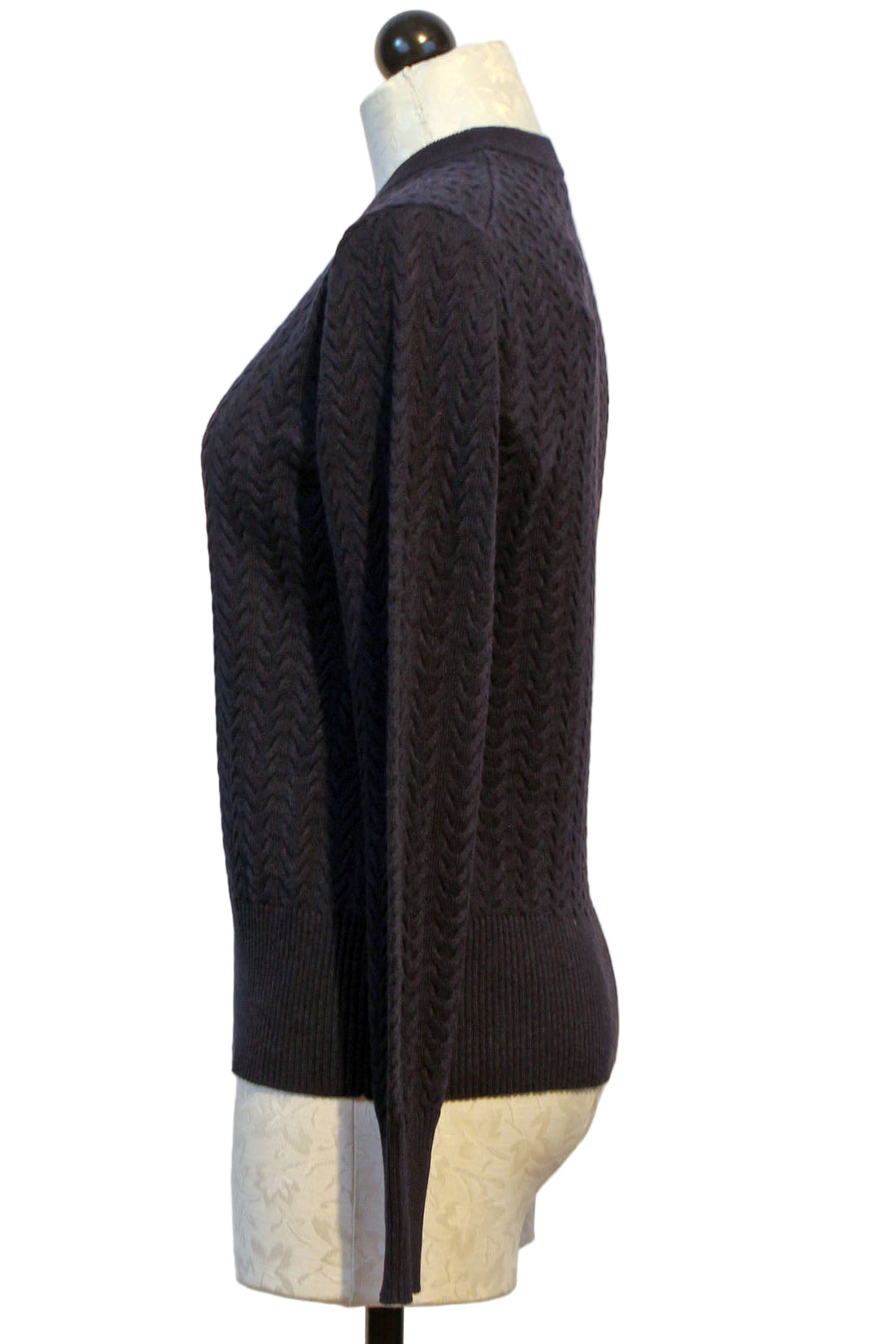 Side view of Abyss colored Haven Cable Crew Neck Sweater by Alashan Cashmere