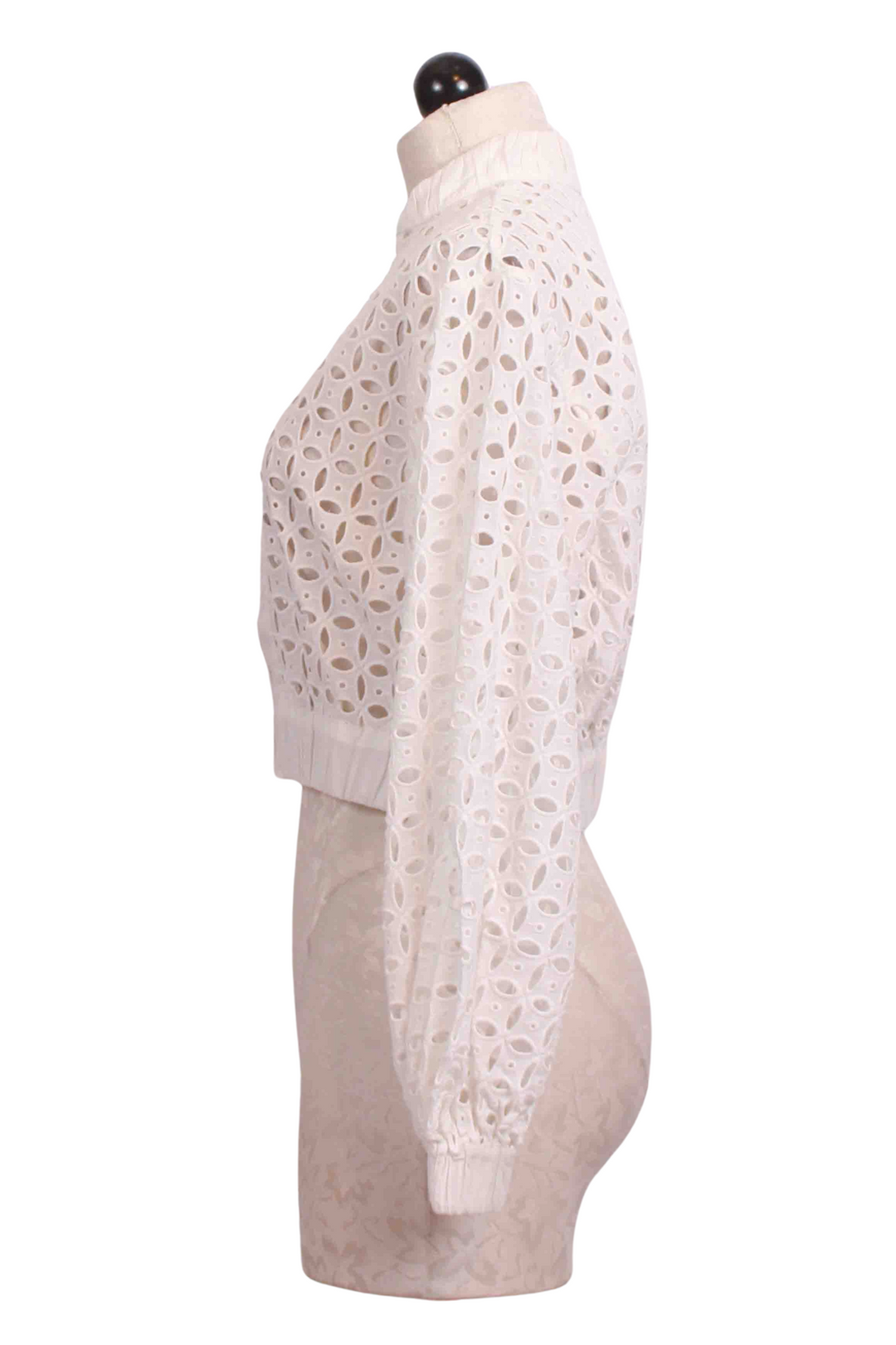 side view of Crispy White Hebe Eyelet Zipper Front Jacket by Scarlett Poppies