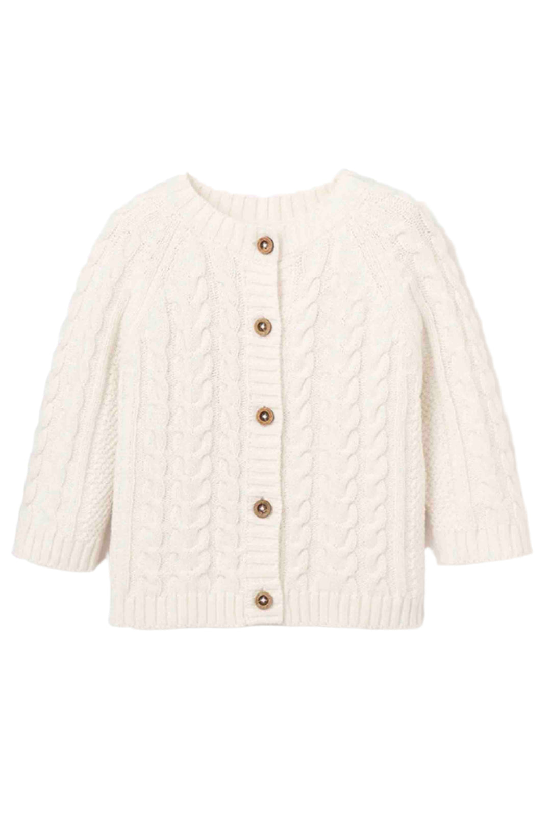 Whisper White Horseshoe Cable Knit Baby Cardigan by Elegant Baby with Wooden Buttons