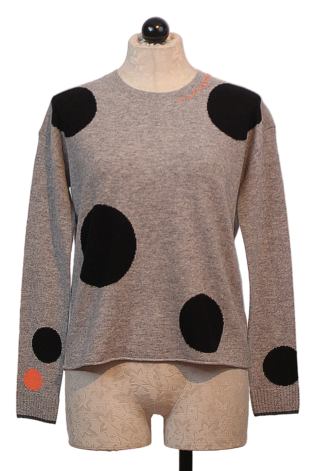 Grey with black Dots Hot for Dots Sweater by Lisa Todd with Coral whipstitching